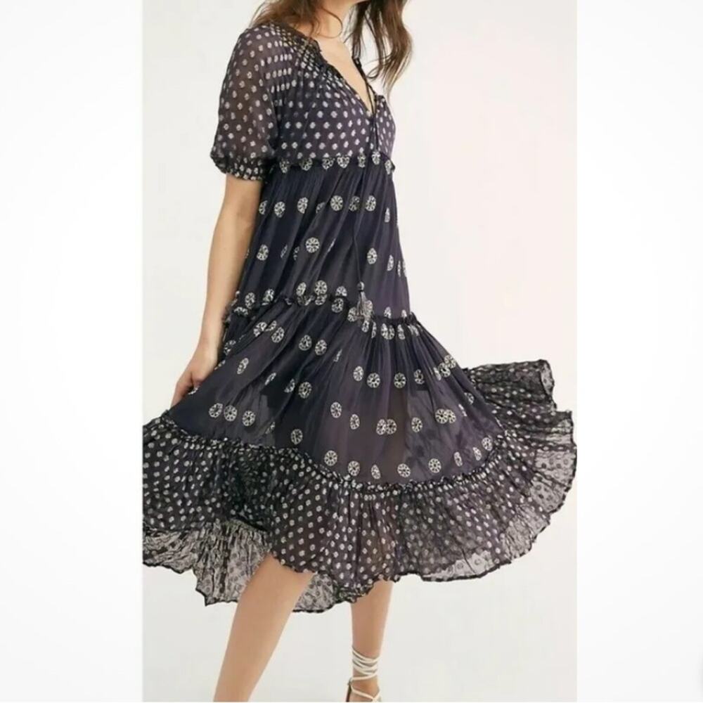 Free People Stella Maxi Dress Black Gold Metallic Thread Puff Sleeve Size Small
